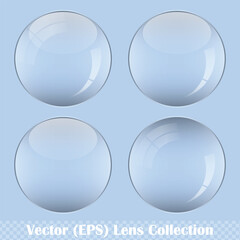 Transparent round lens set, realistic glass sphere with framed edge for buttons and badges on transparent background, vector (EPS) illustration