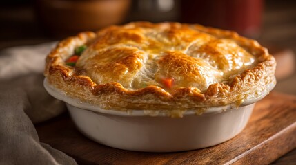 Turkey pot pie with flaky crust steaming filling of vegetables and gravy comfort food kitchen setting
