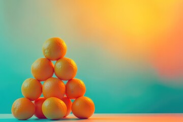 A pyramid of ten oranges is illuminated with vibrant teal and orange gradient lighting against a blurred background.