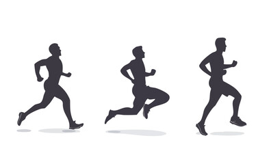 Three Silhouettes of Male Runners in Motion Demonstrating Various Poses and Running Techniques on a White Background