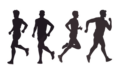 Silhouette of Four Men in Different Stages of Running in Various Dynamic Poses and Actions