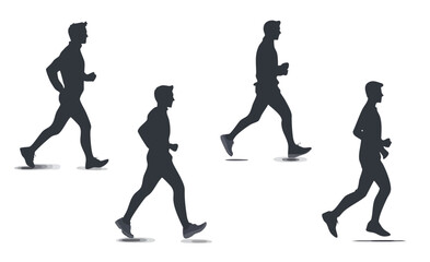Silhouette of Four Male Runners in Motion Jogging Together Against a Plain Background