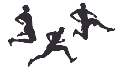 Silhouettes of Three Athletes in Motion Running and Jumping During a Dynamic Outdoor Competition