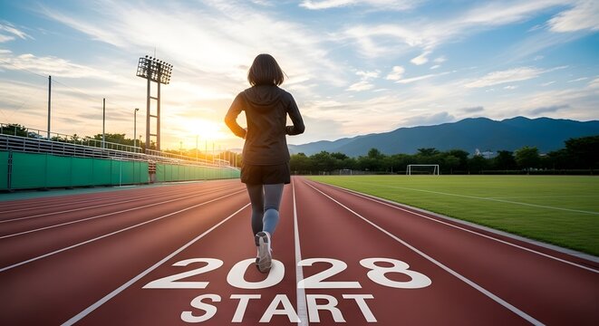 Running goals 2028: woman on track starting new year
