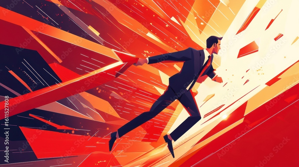 Poster businessman running towards a giant upward arrow in an abstract, dynamic environment.