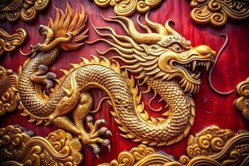 Fototapeta premium An intricate golden chinese dragon sculpture with ornate details is prominently displayed against a rich red textured
