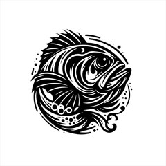 Stylized black and white fish emblem with swirling design