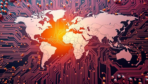 World map overlaid on a circuit board, illustrating global microchip logistics,  transportation,  semiconductor