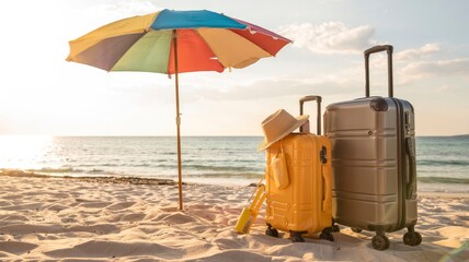 Tropical Beach Vacation Suitcases, Umbrella, and Sun