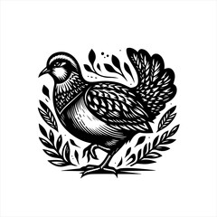 Stylized black and white illustration of a quail bird with foliage