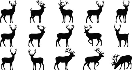 Naklejka premium Deer Silhouette Vector Set - Black Wildlife Icons Collection on White Background 