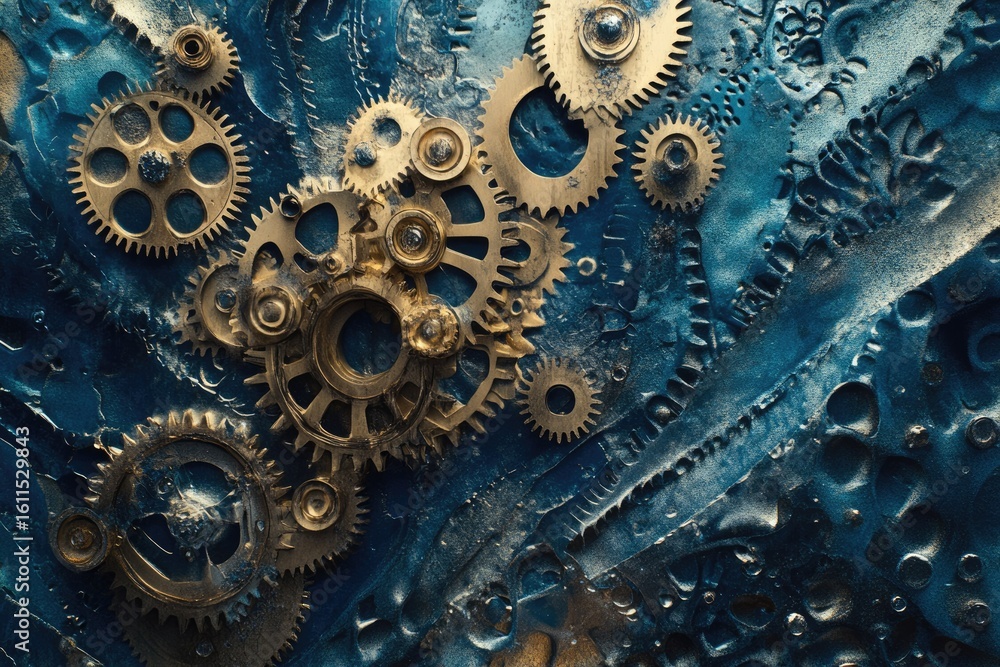 Aufkleber intricate clockwork gears interlock on a dark blue textured surface, creating a mesmerizing mechanic