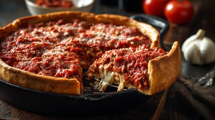 Authentic Chicago deep dish pizza oozing with cheese and chunky tomato sauce served hot on a cast iron pan