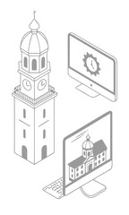 Tower and computer monitor illustration