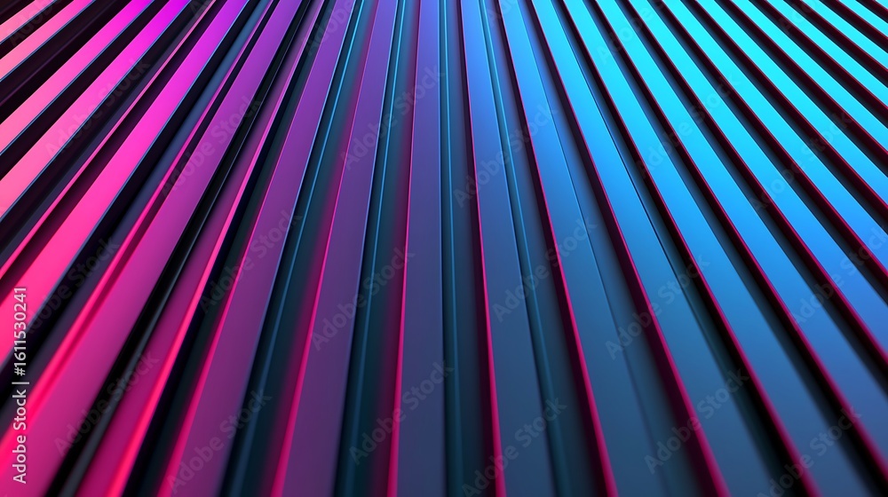 Poster colorful abstract vertical lines with a glossy metallic finish, illuminated by pink and blue lightin