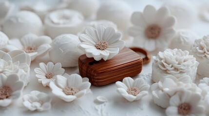 Naklejka premium Array of delicate, sculpted white flowers on a light surface.