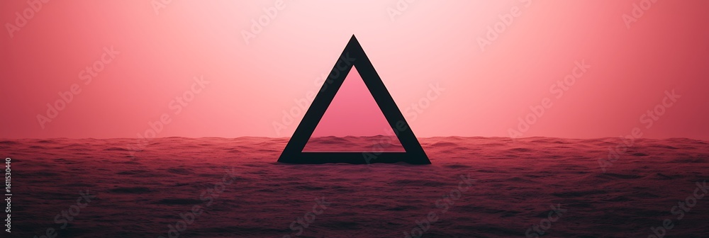 Poster a black triangular frame stands on calm water under a pink gradient sky, creating a minimalist and s