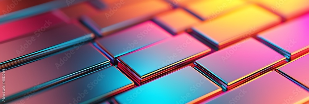 Poster close-up of colorful metallic rectangular plates arranged in a pattern, reflecting vibrant hues of o