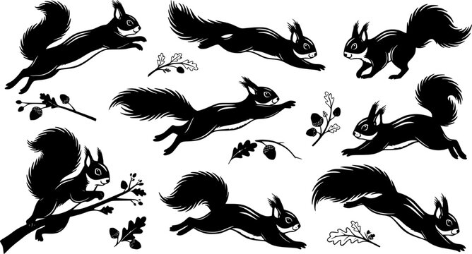 Dynamic Running Squirrel Silhouette Vector Set with Multiple Action Poses and Decorative Elements
