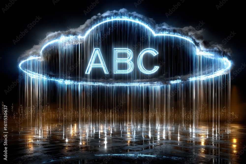 Poster lighted cloud display with cascading rain effect at nighttime