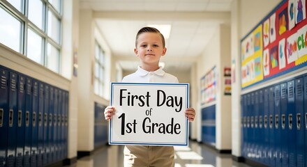 A young boy holding a first day of first grade sign in a school hallway with blue lockers nearby