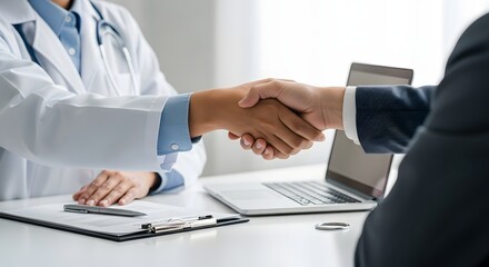 Doctor and patient handshake concept for medical partnership agreement and healthcare deal