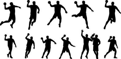 Handball Player Silhouette Vector Set &ndash; Dynamic Sports Action Figures on White Background
