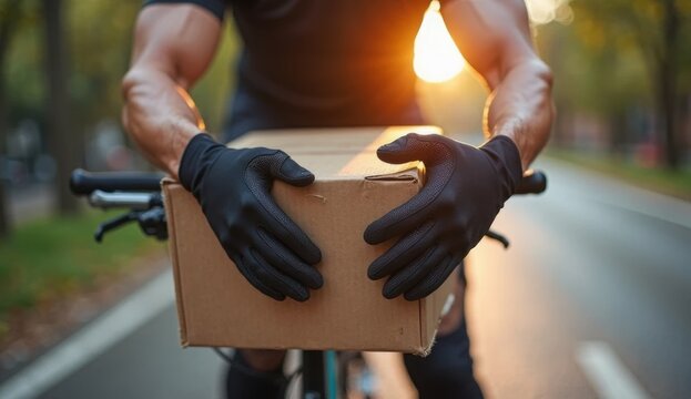 Bicycle courier on a rural road at sunset carrying a cardboard box. Symbol of eco-friendly delivery, mobility, remote work, and sustainable logistics for small business and urban shipping