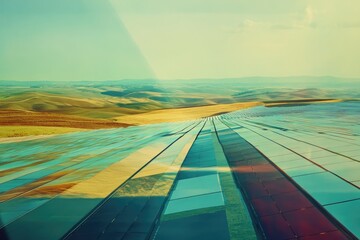 Vast solar farm on rolling hills, generating clean energy, sustainable future.