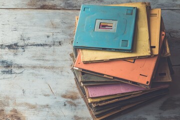 A stack of vintage, worn floppy disks and other data storage media on a rustic wooden surface.