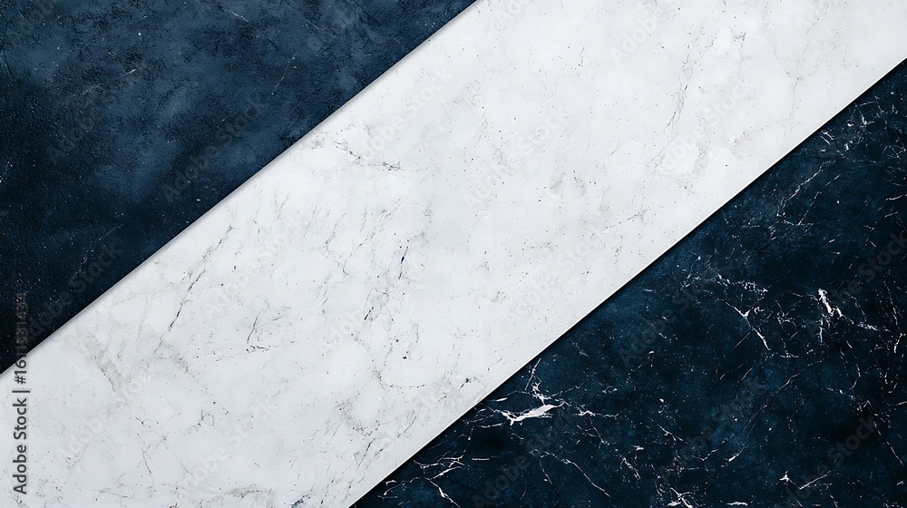 Poster a stylish abstract pattern of diagonal white marble separating two dark blue marble textures with go