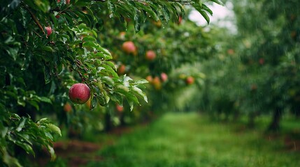 In an apple orchard, a single apple dangles low from the branch, surrounded by glistening leaves after a rain.