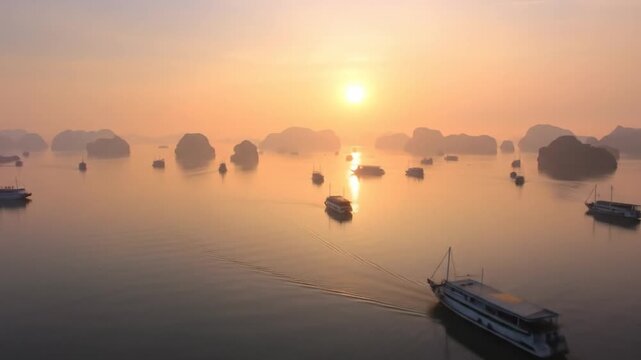 Scenic Halong Bay at Sunrise: Boats Navigate Through the Limestone Karsts