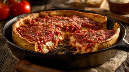 Authentic Chicago deep dish pizza oozing with cheese and chunky tomato sauce served hot on a cast iron pan