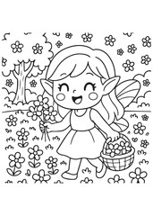 Coloring book fairy collecting flowers in a basket.