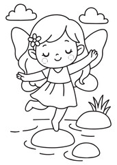 Coloring book  fairy hopping across stepping stones.
