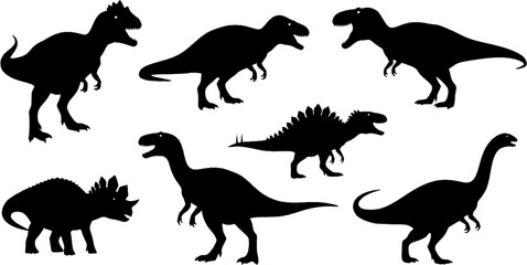 Dinosaur Silhouette Vector Set with Iconic Dino Species and Dynamic Poses on White Background
