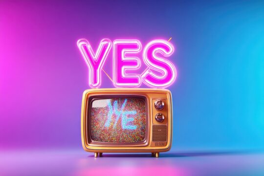 A retro television displays static with the word "YES" in neon lights above it against a vibrant purple and blue gradient background.