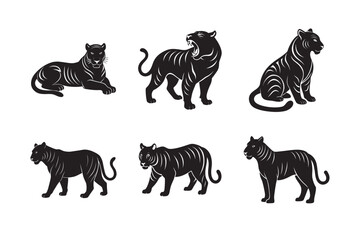 Naklejka premium silhouette tiger walking stealthily set bundle on white background