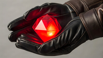 Leather gloves mockup holding a red crystal