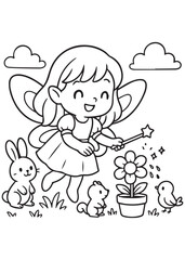 Coloring book fairy watering flowers with magic.