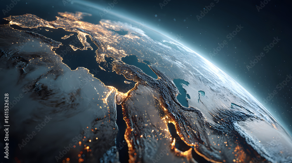 Poster import tariffs. earth globe digital network connection futuristic tech