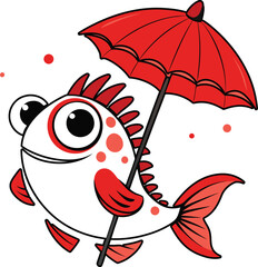 Cute cartoon fish with big eyes holding a red umbrella