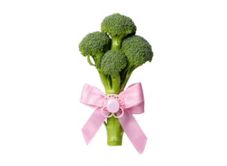 Green broccoli bouquet with pink ribbon and pacifier food vegetable, Isolated, Png Transparent Background