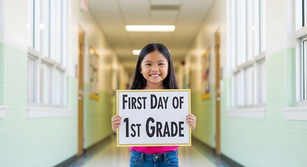 A young girl holding a first day of first grade sign in a school hallway with a big smile on her face