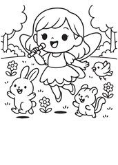 Coloring book fairy with two forest animals.