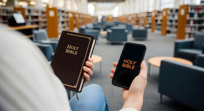 Holy bible book and digital bible app on smartphone concept of religion and technology study