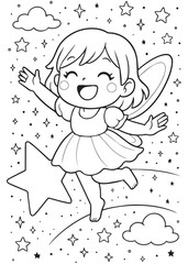 Coloring book fairy floating among stars and clouds.