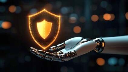 A robotic hand holds a glowing digital shield symbolizing cybersecurity and advanced technological protection in a futuristic setting.