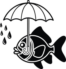 Whimsical fish holding umbrella shielding itself from raindrops